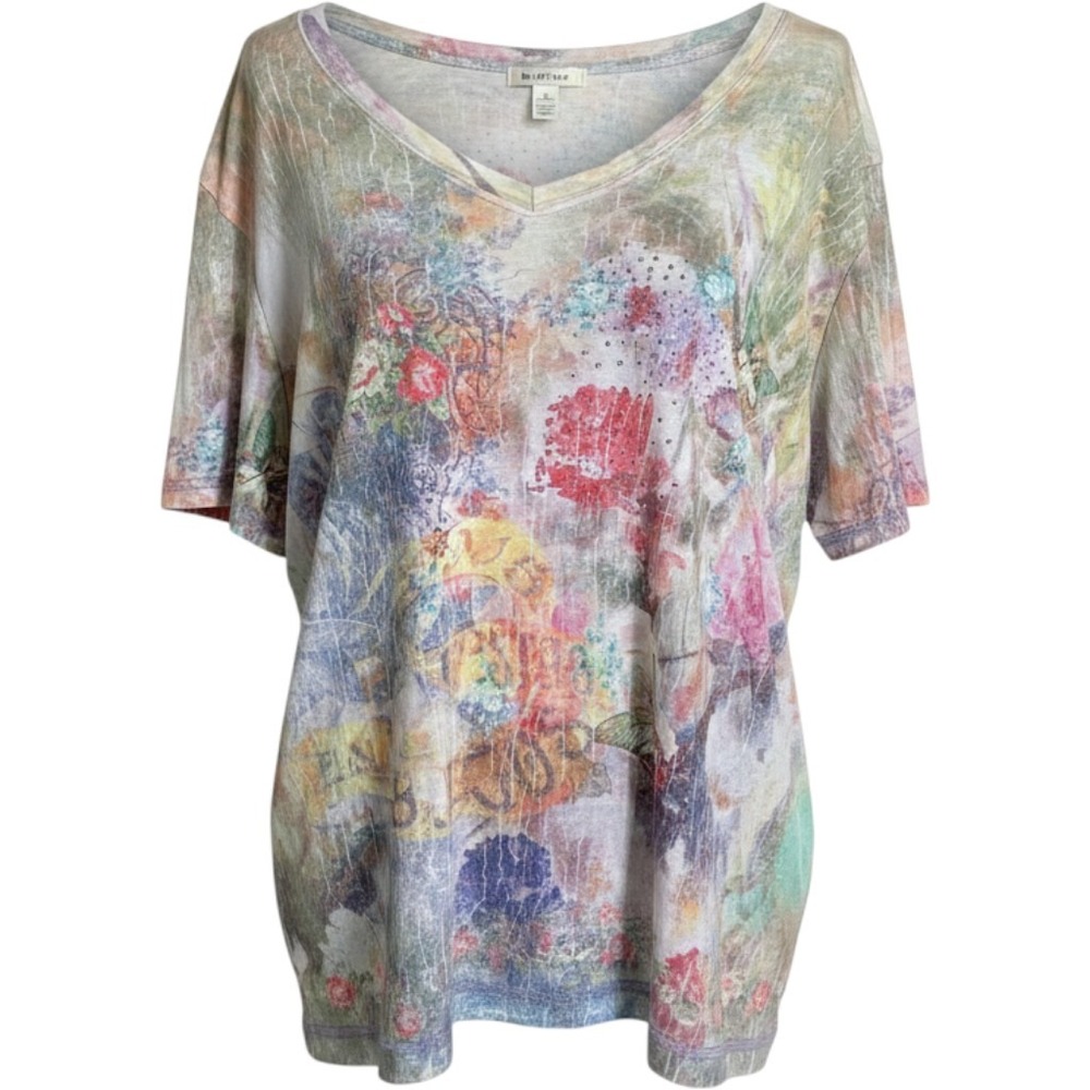 Unity World Wear Womens 2X Floral Butterfly Rhinestone V-Neck Y2K Graphic Top